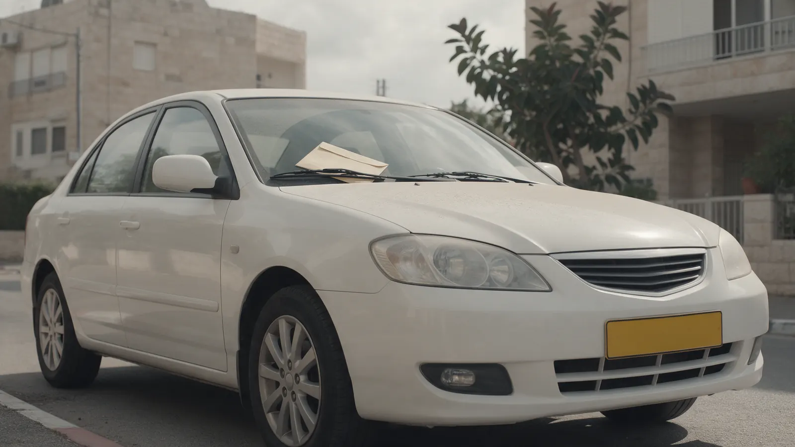 רכב לבן חונה ברחוב מגורים, מעטפה רשמית תחובה מתחת למגב השמשה